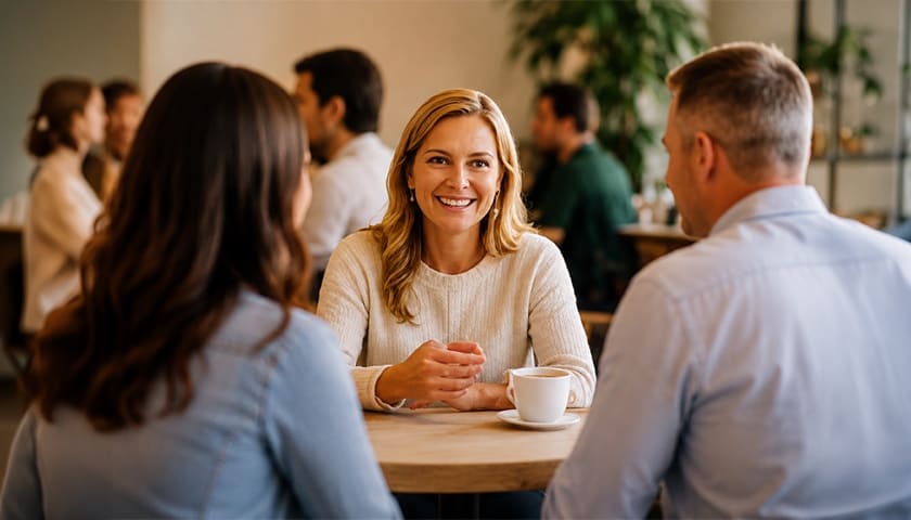 Couples in conversation around a table
