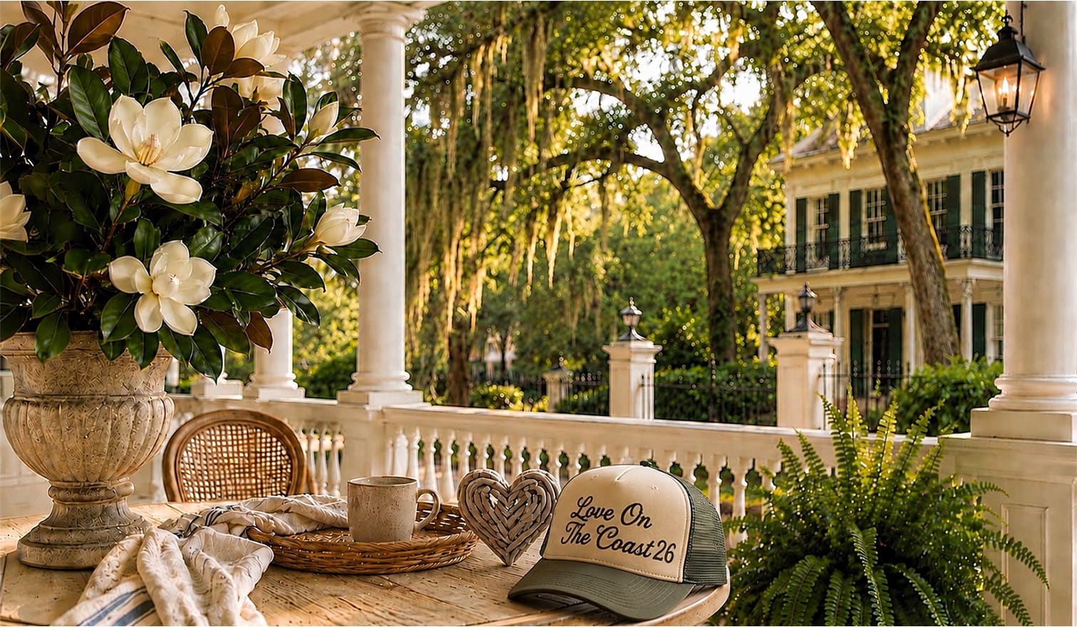 A coastal Charleston porch set for the Love on the Coast retreat