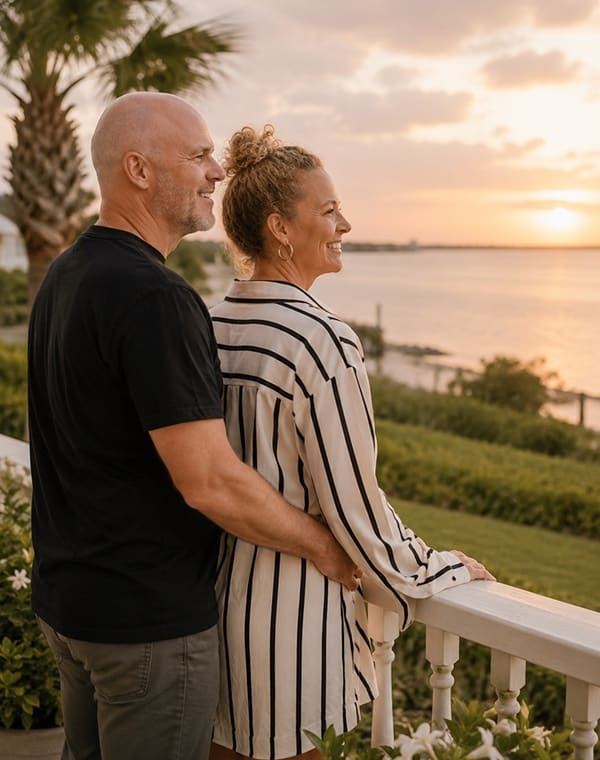 A couple watching the sunset over the water.