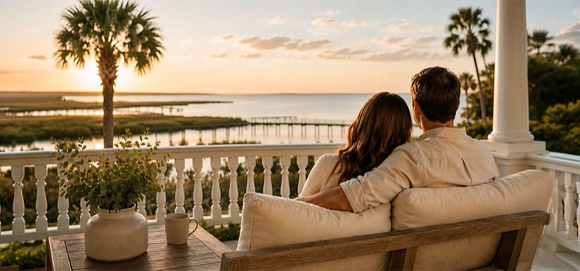 A couple sitting close together on a coastal porch at sunset, looking out over the water
